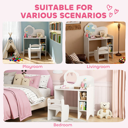 Kids Dressing Table with Mirror, Stool, Kids Vanity Table with Shelves, for Ages 3-8 Years, White