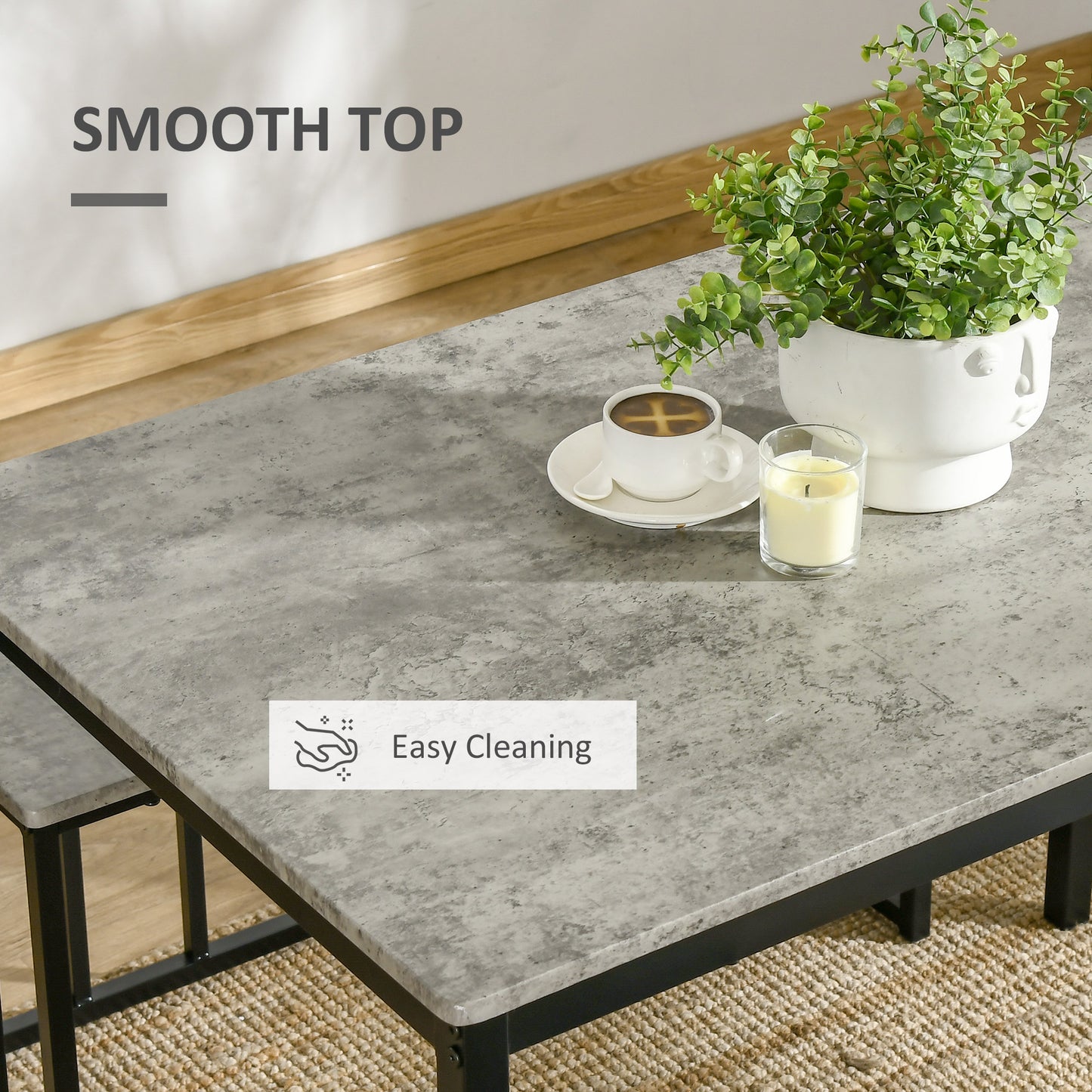 Dining Table and Chairs Set for 4 People, Concrete Effect Kitchen Table and Bench Set with Steel Frame