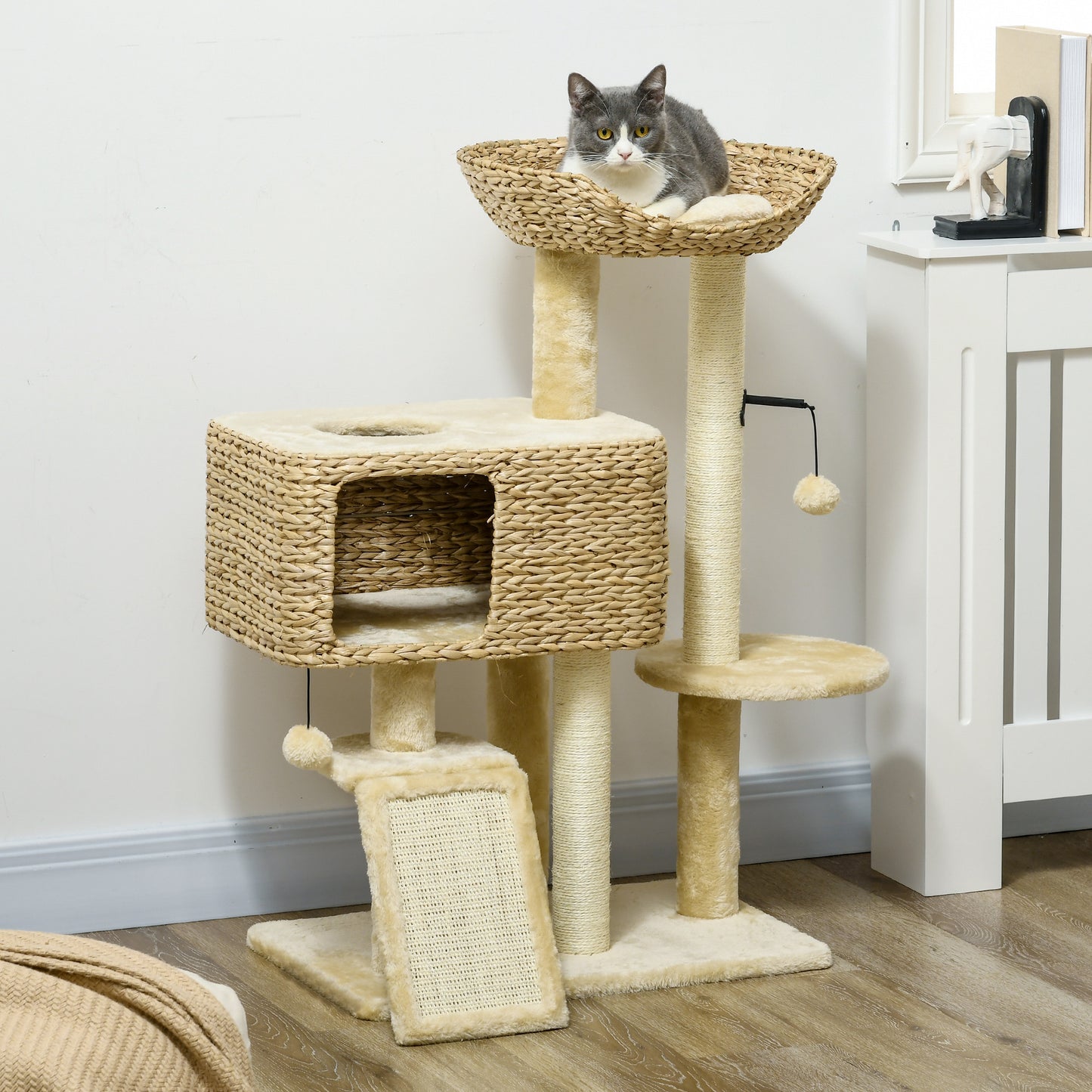 95cm Cat Tree Tower for Indoor Cats, with Scratching Post, Cat House, Toy Ball, Platform - Beige