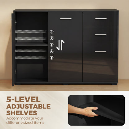 Sideboard, Modern Storage Cabinet with 2 Drawers, 3 Doors and Adjustable Shelves, High Gloss Black