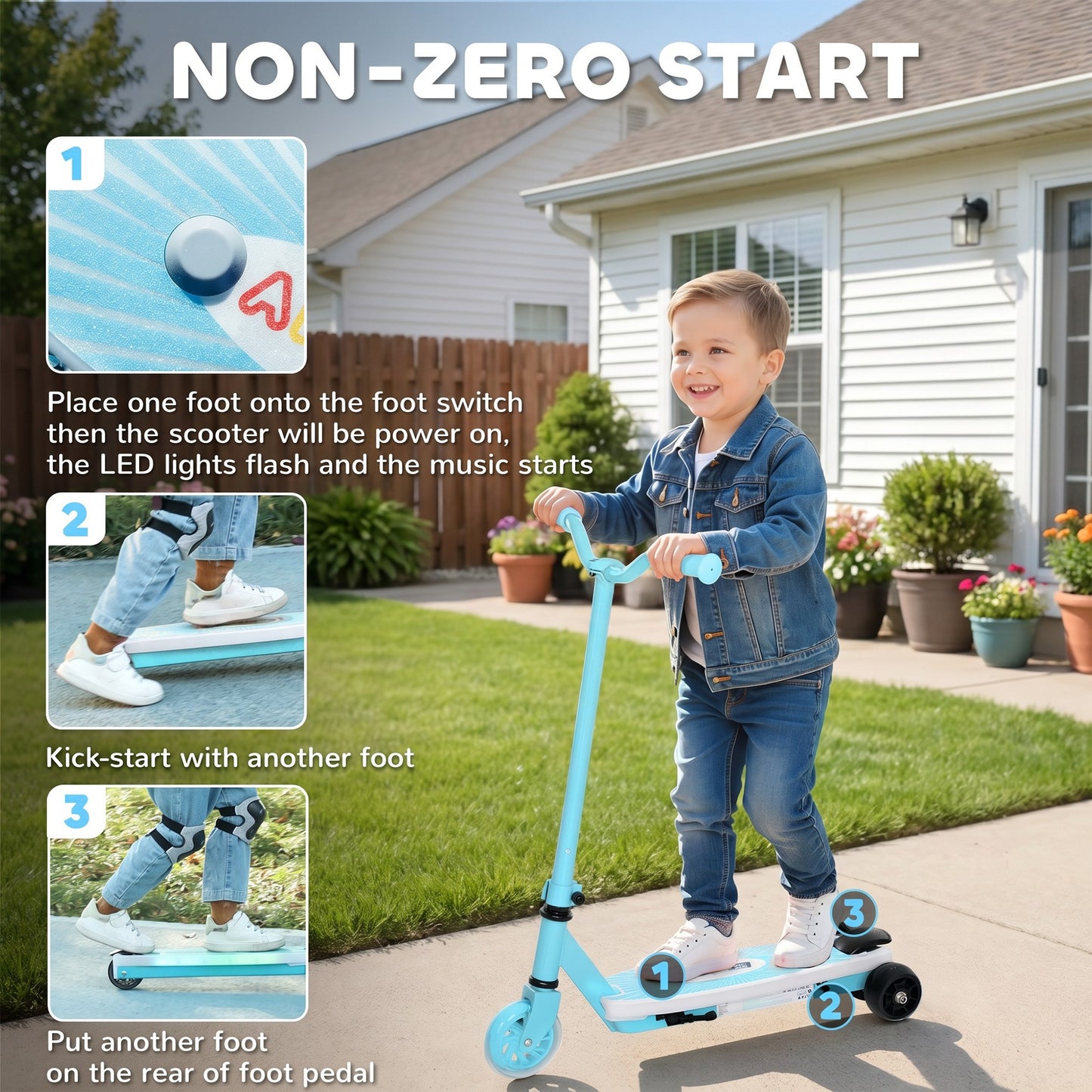 Electric Scooter for Kids Aged 4-7 Years, with Flashing LED Lights, Rear Auxiliary Wheels, Blue