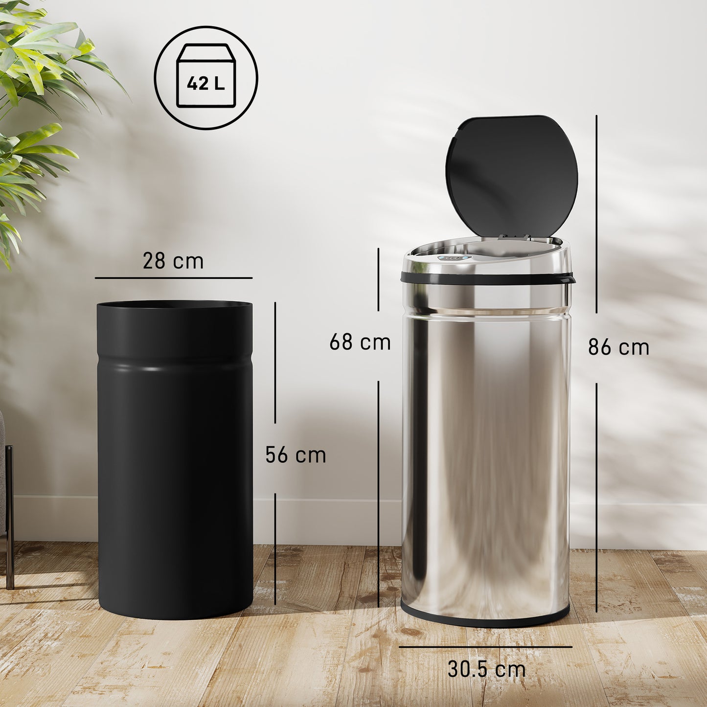42L Automatic Motion Sensor Rubbish Bin with Fingerprint Resistant, Stainless Steel, Silver Tone