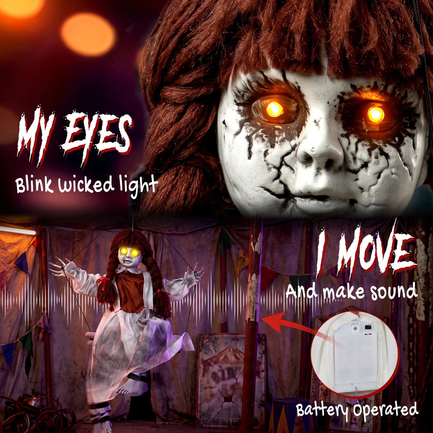 80 cm Halloween Animated Hanging Creepy Girl on Swing Decoration, Kicking Legs, Sound and Touch Activated