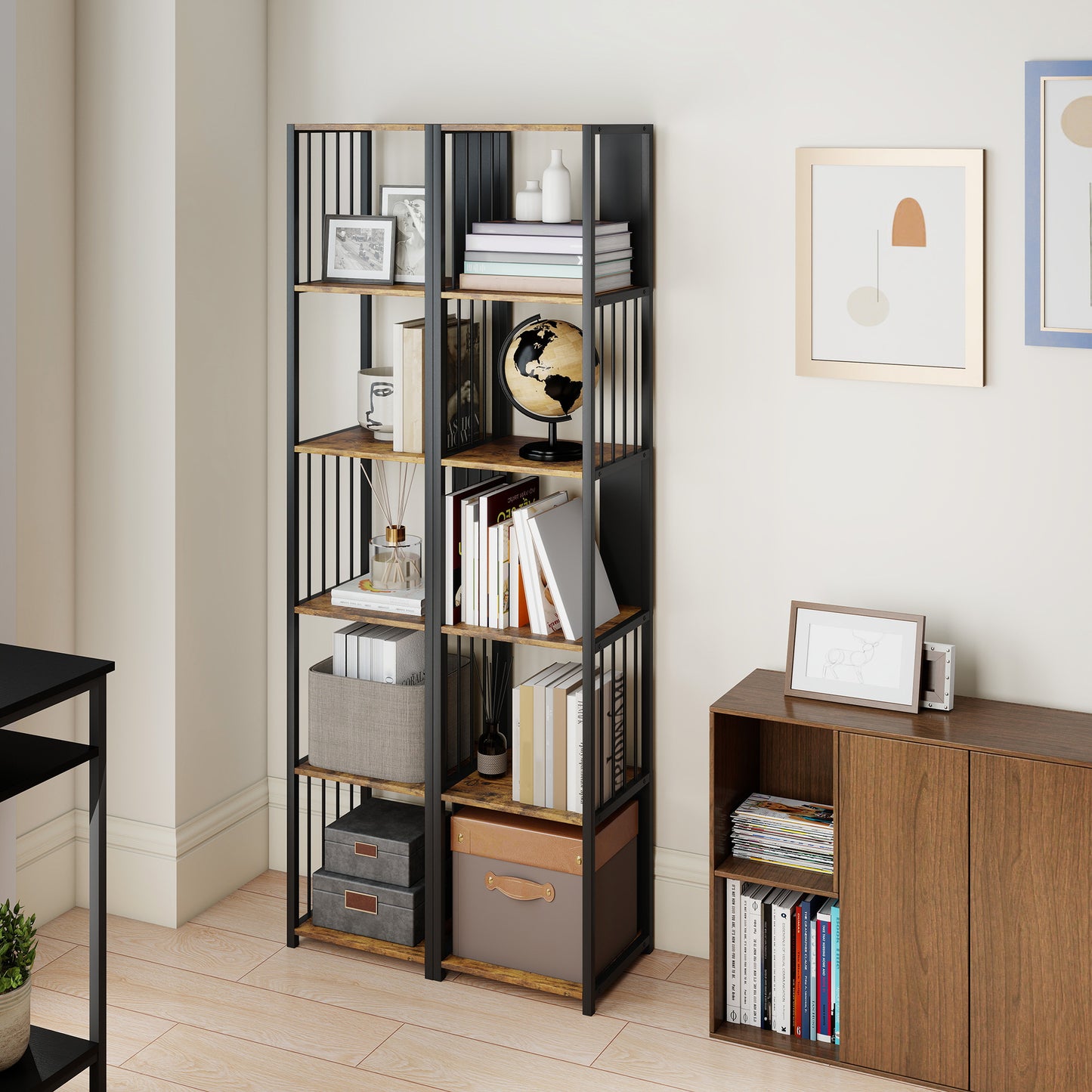 5-Tier Bookshelf with Steel Frame - Rustic Brown
