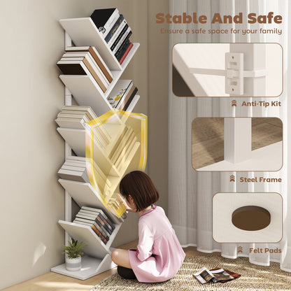9-Tier Tree Bookshelf, Industrial Free Standing Bookcase with Steel Frame, Display Storage White