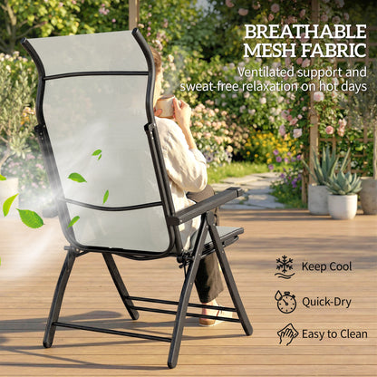 Reclining Garden Chairs Set of 2, 5-Position Folding Sun Loungers with High Back, Retractable Footrest, Light Grey