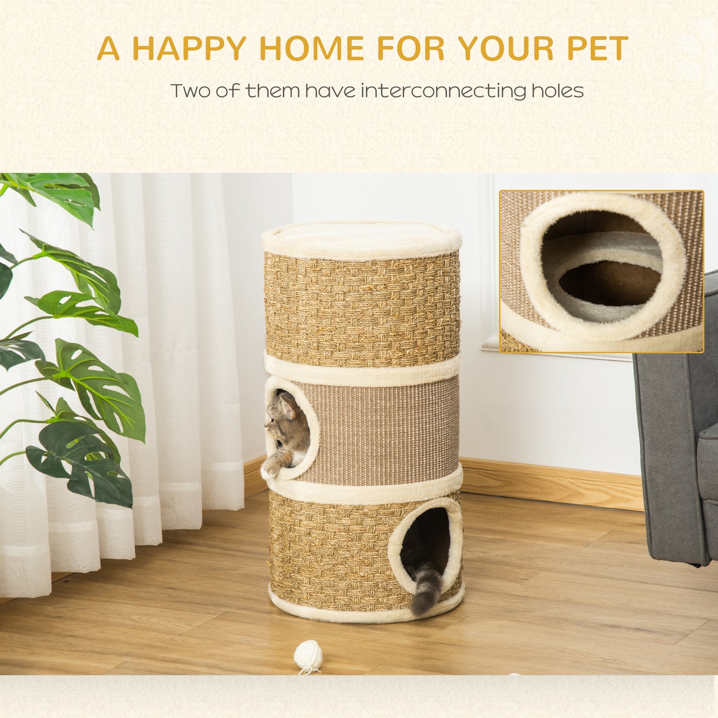Cat Scratching Barrel Kitten Tree Tower for Indoor Cats Pet Furniture Climbing Frame Covered with Sisal and Seaweed Rope Cozy