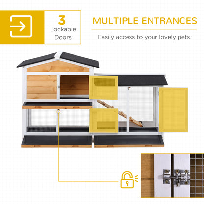 Rabbit Hutch Guinea Pig Hutch Wooden House with Run, 2 Tier Pet Cage Outdoor with No-leak Plastic Trays, 157.4 x 53 x 93.5cm