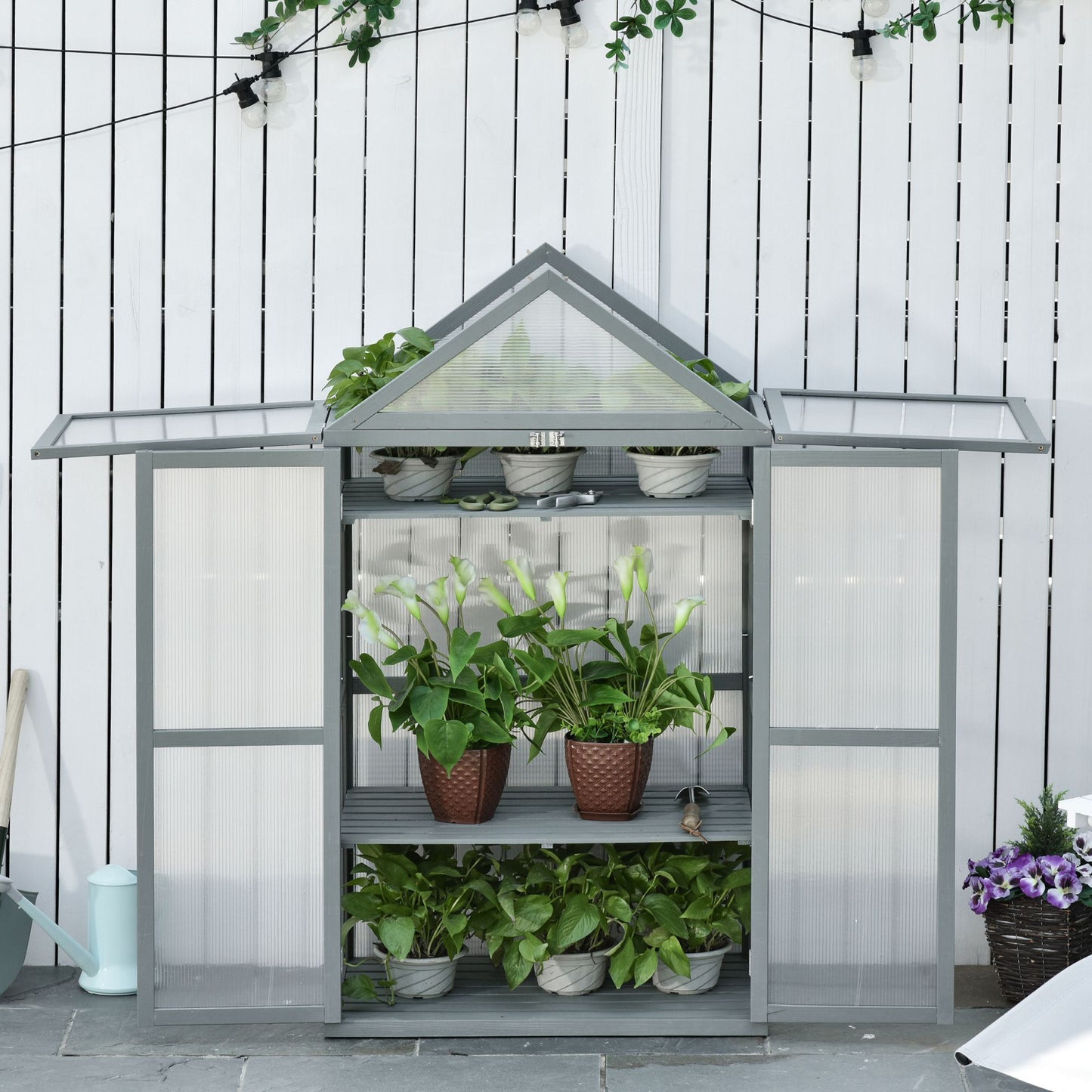Garden Cold Frame Polycarbonate Greenhouse with Adjustable Shelves, Double Doors, Openable Top Covers