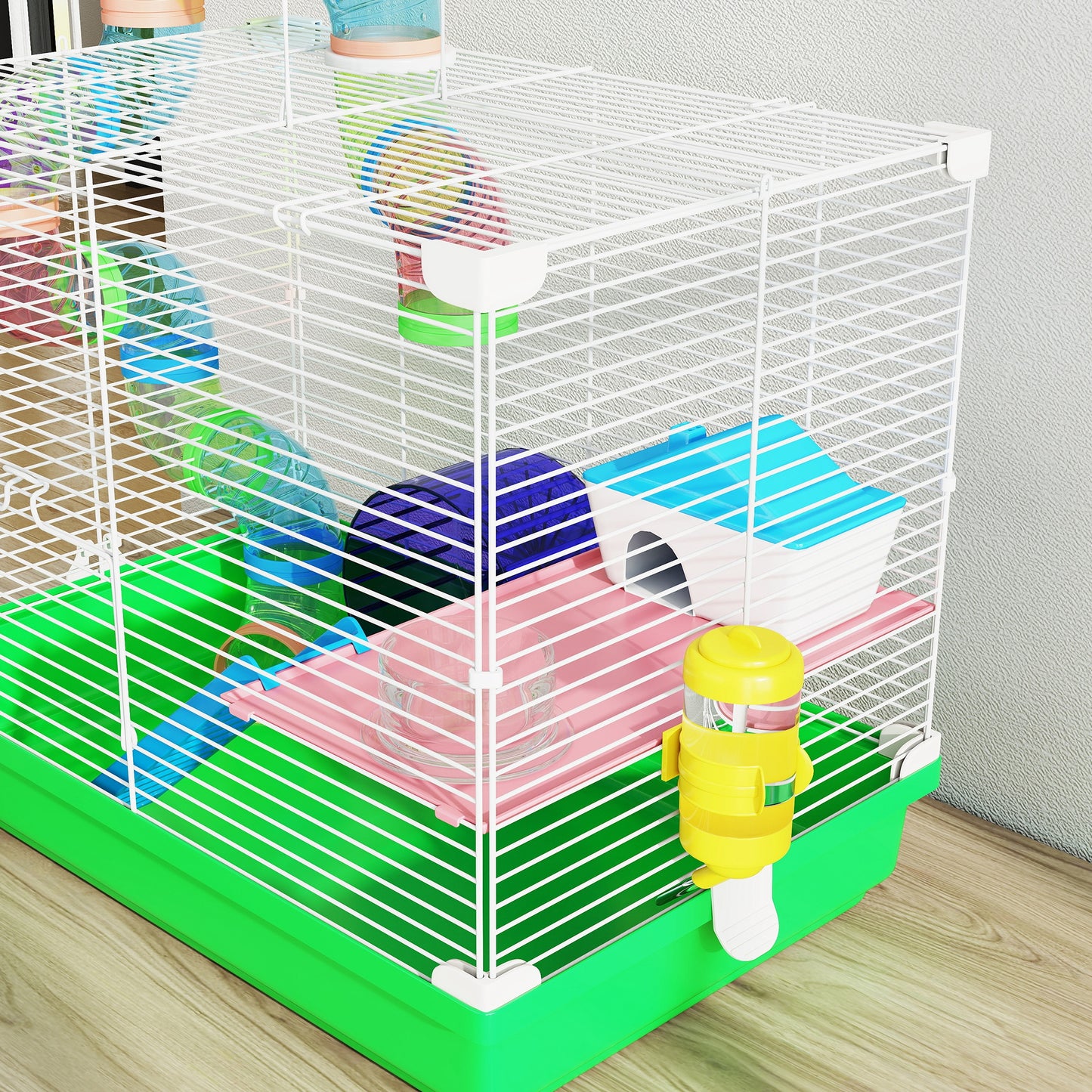 2 Tier Hamster Cage, Gerbil Cage with Handle, Exercise Wheels, Tunnel, Water Bottle, Dishes, Ladder, for Dwarf