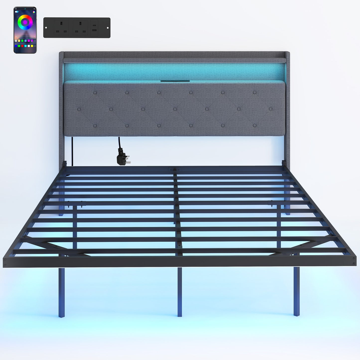 Floating Bed Frame, Upholstered 4ft6 Double Size Bed, Platform Bed with RGB LED Lights and Charging Station, Grey