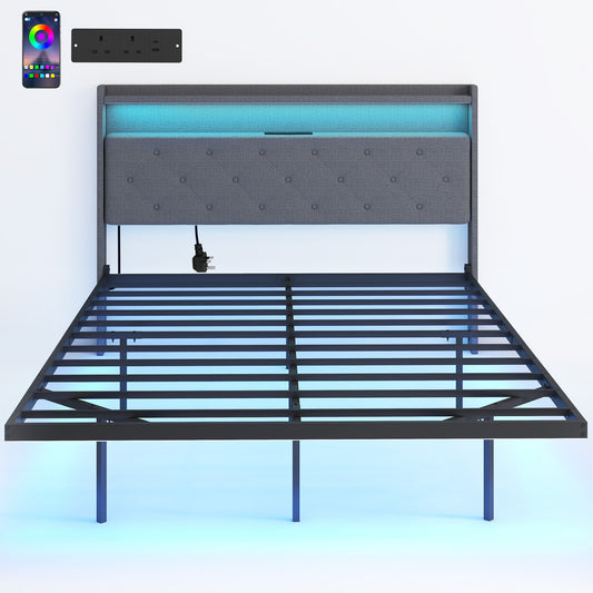 Floating Bed Frame, Upholstered 4ft6 Double Size Bed, Platform Bed with RGB LED Lights and Charging Station, Grey