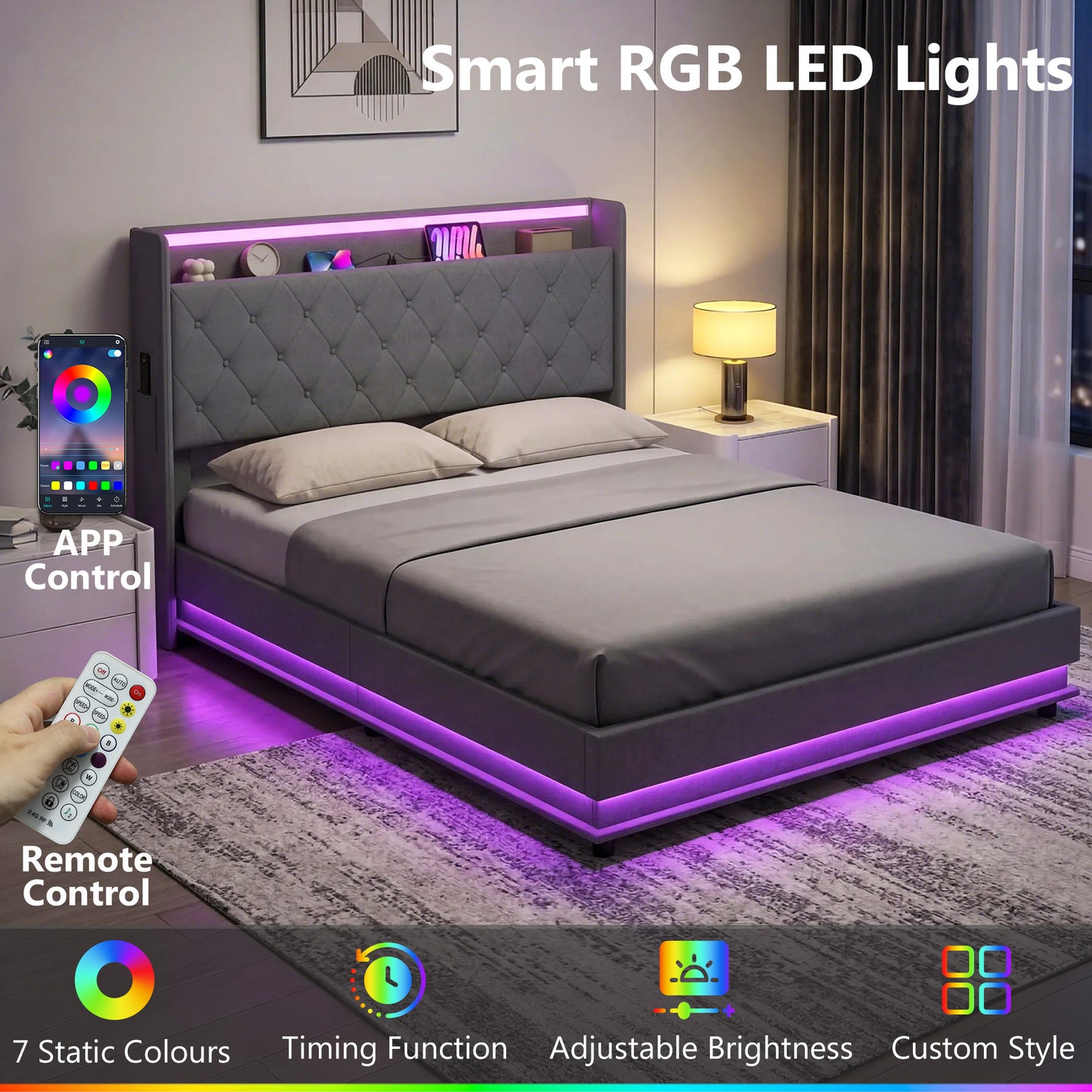 5ft King Bed Frame with Headboard, Platform Bed Frame with Hydraulic Storage, LED Lights and Charging Station, Grey