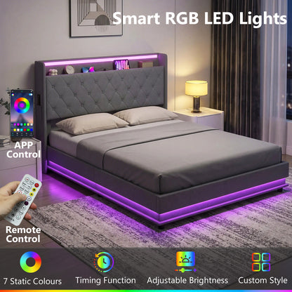 5ft King Bed Frame with Headboard, Platform Bed Frame with Hydraulic Storage, LED Lights and Charging Station, Grey