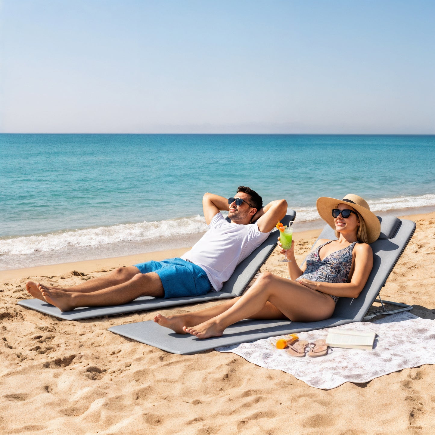 Set of 2 Foldable Garden Beach Chair Mat Lightweight Outdoor Sun Lounger Seats Adjustable Back Metal Frame PE Fabric Head Pil