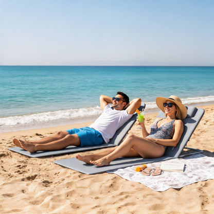 Set of 2 Foldable Garden Beach Chair Mat Lightweight Outdoor Sun Lounger Seats Adjustable Back Metal Frame PE Fabric Head Pil