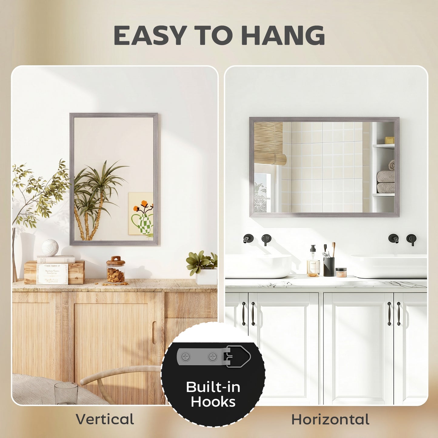 Wall Bathroom Mirror, 40 x 60 cm Wall-Mounted Mirror for Living Room, Bedroom, Hallway, Grey