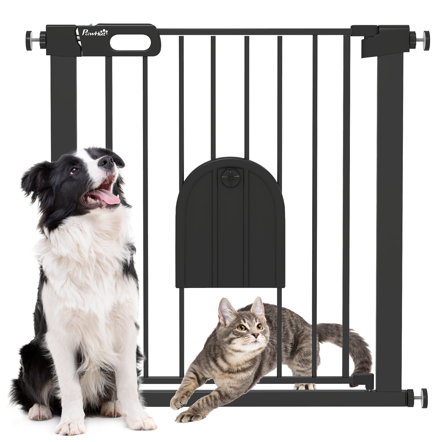 Dog Gate with Cat Flap Pet Safety Gate Barrier, Stair Pressure Fit, Auto Close, Double Locking, 75-82 cm Black