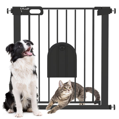 Dog Gate with Cat Flap Pet Safety Gate Barrier, Stair Pressure Fit, Auto Close, Double Locking, 75-82 cm Black