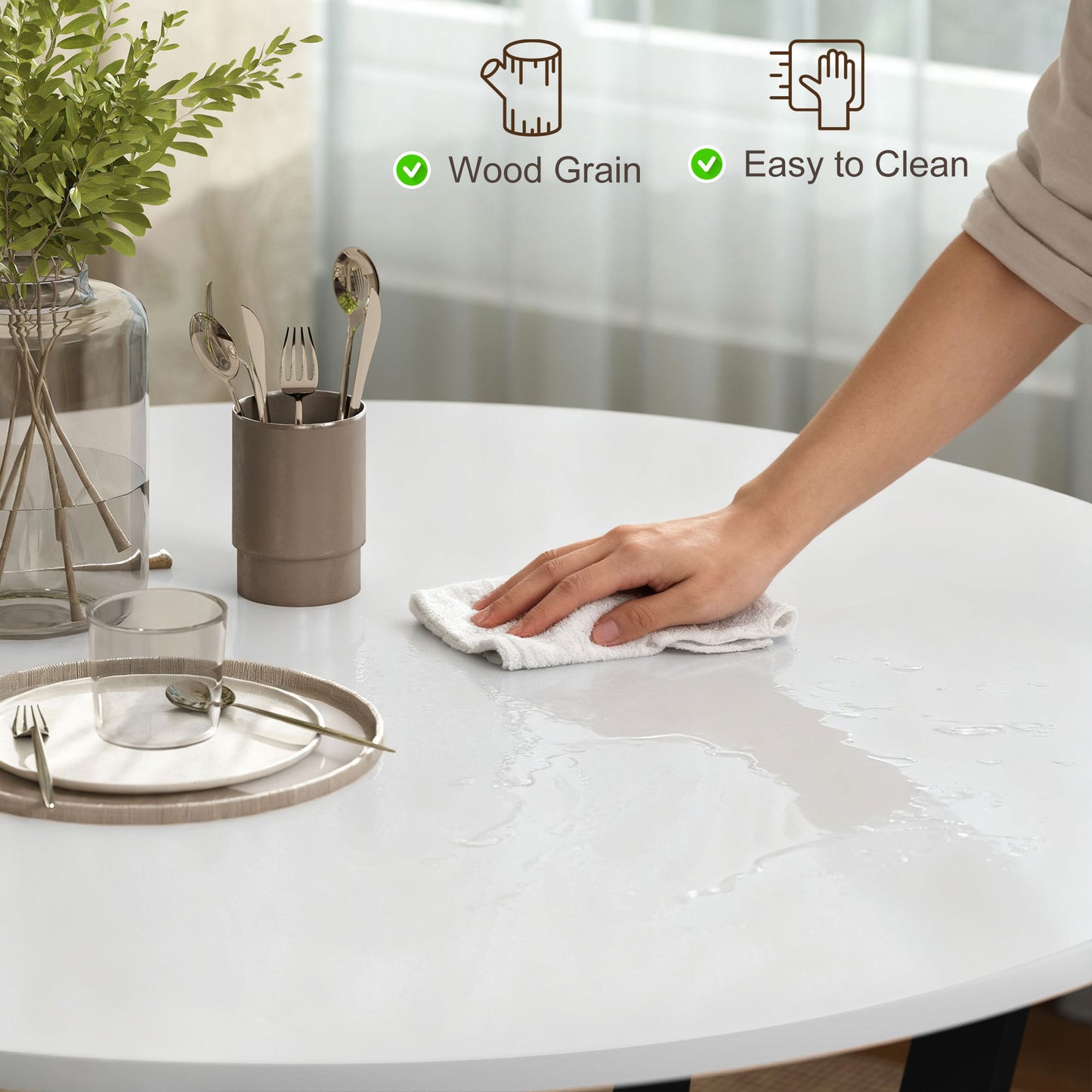 Dining Table, Round Kitchen Table with Black Legs for Living Room, Dining Room 90 x 76 cm, High Gloss White