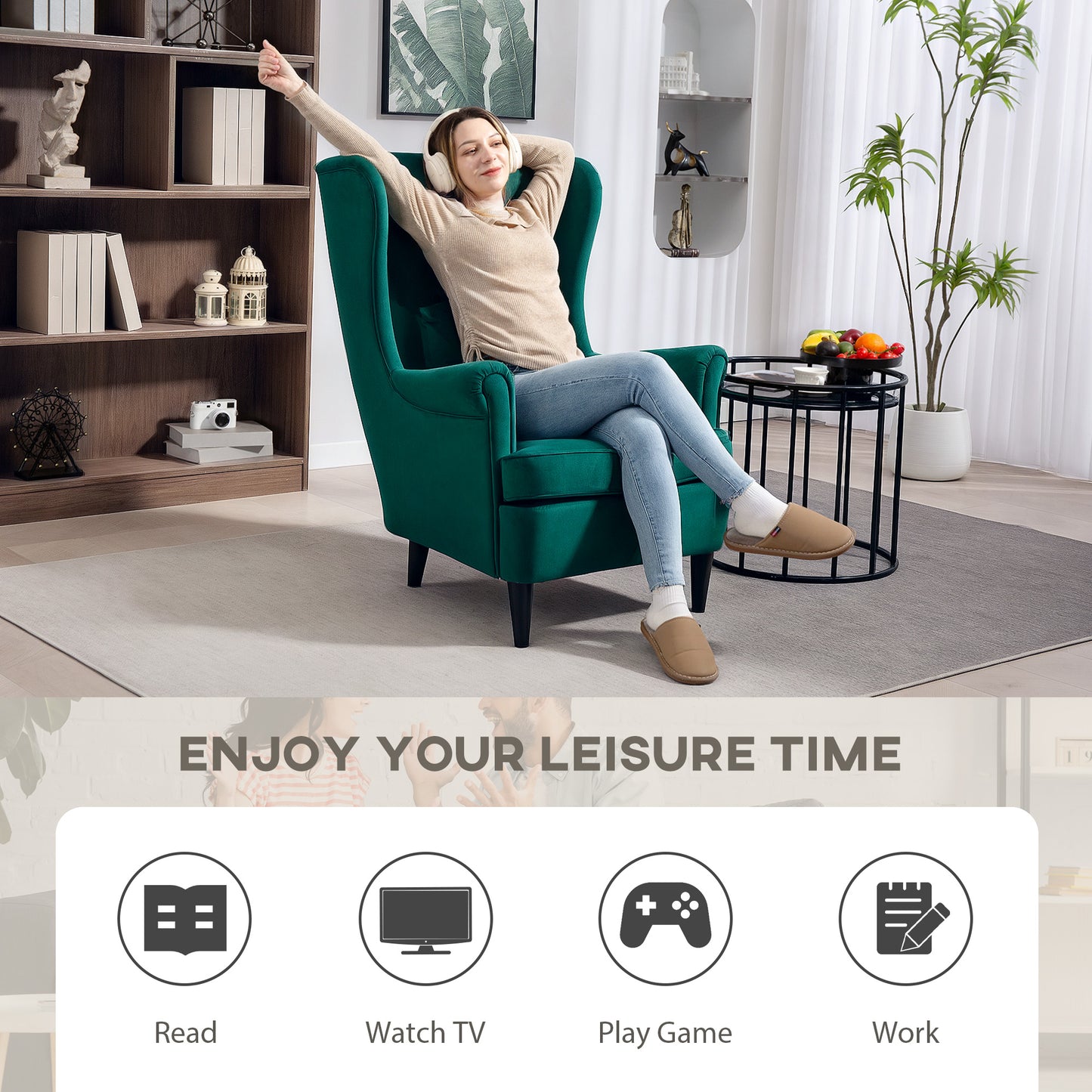 Modern Accent Chair with High Backrest and Pillow, Velvet-Feel Fabric Reading Chair with Solid Wood Legs, Green