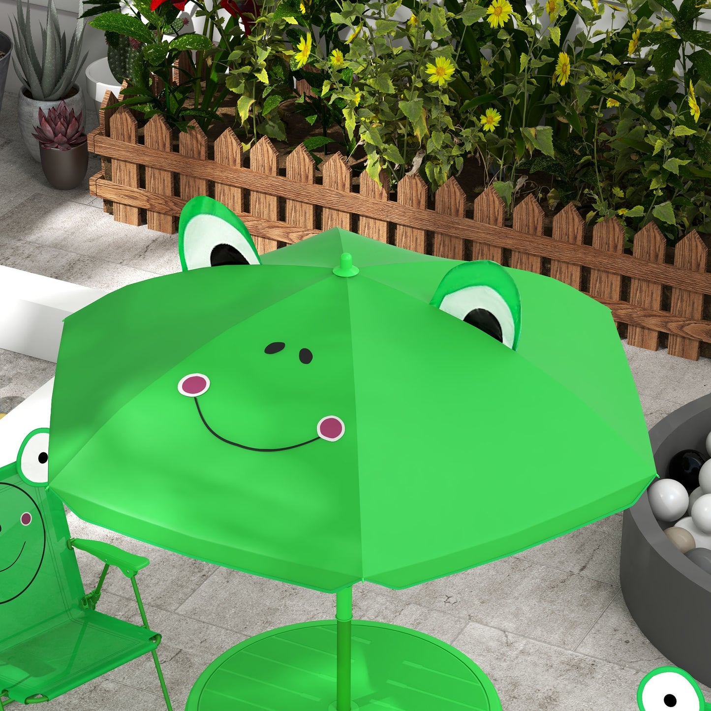 Kids Folding Picnic Table Chair Set w/ Parasol, Green