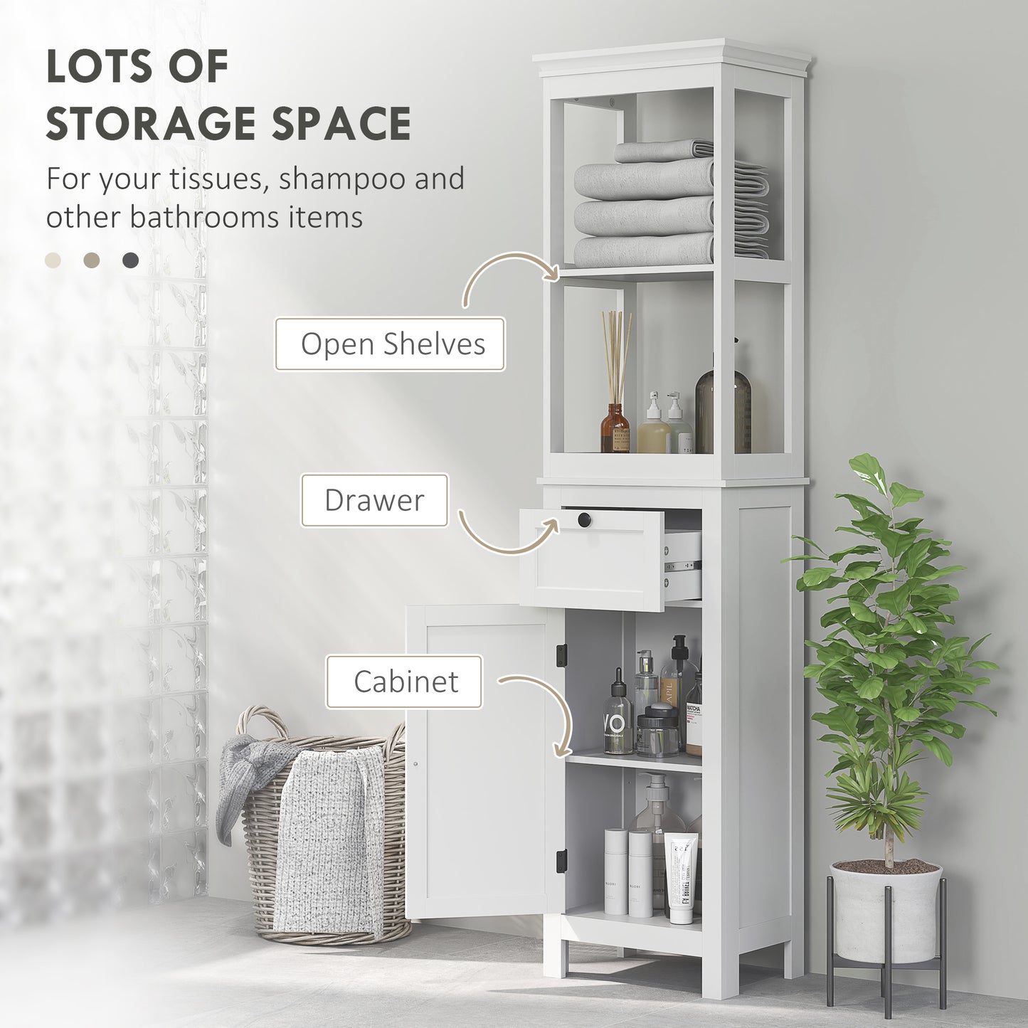 Tall Bathroom Cabinet, Slim Bathroom Storage Cabinet with 2 Open Shelves, Soft Close Door and Drawer, Adjustable Shelf