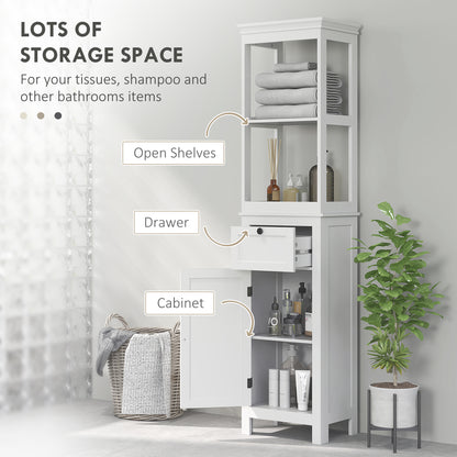 Tall Bathroom Cabinet, Slim Bathroom Storage Cabinet with 2 Open Shelves, Soft Close Door and Drawer, Adjustable Shelf