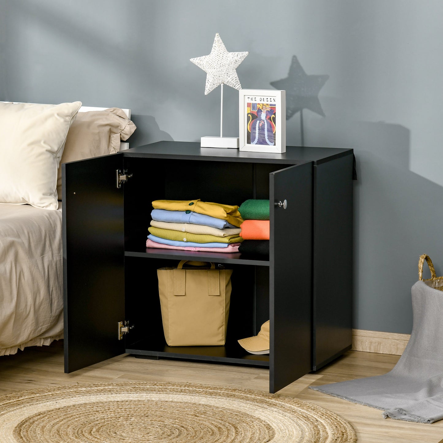 2 Tier Bookcase, Wooden Storage Cabinet with 2 Doors, Freestanding Sideboard for Living Room, Home Office and Study, Black