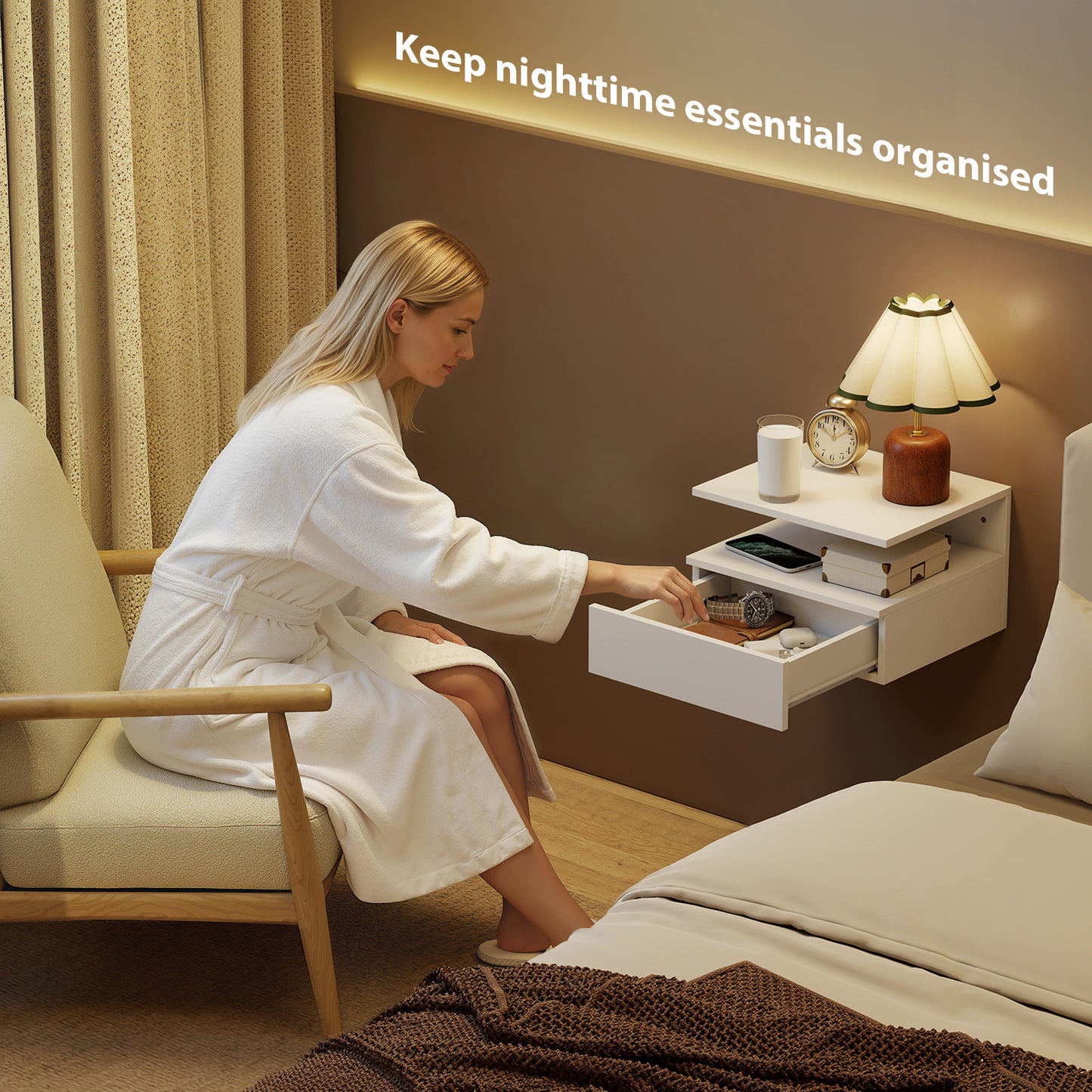 Set of Two Floating Bedside Tables - White