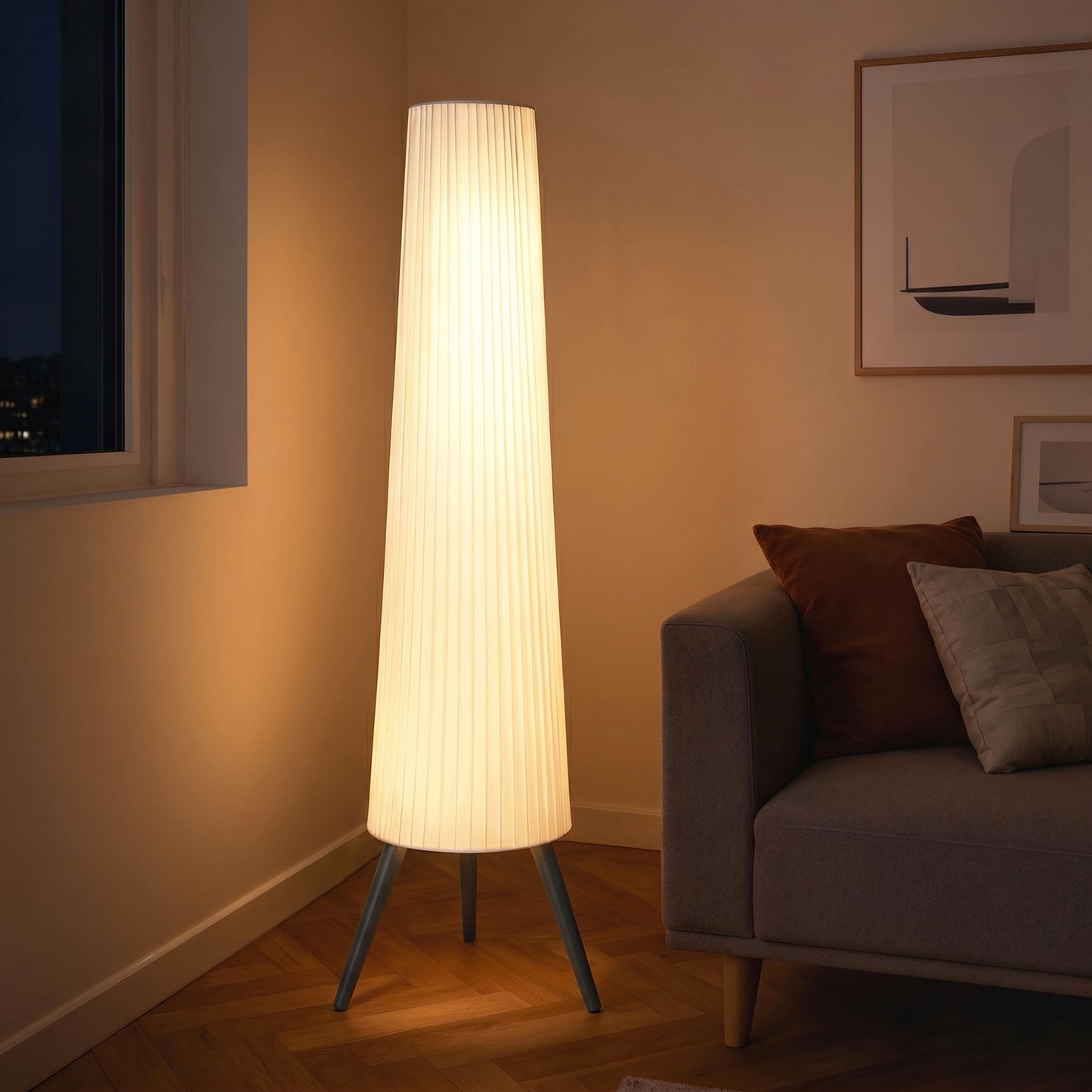 Dimmable Tripod Floor Lamp with Foot Switch, Nordic Standing Lamp with Fabric Shade, 153cm, White and Grey