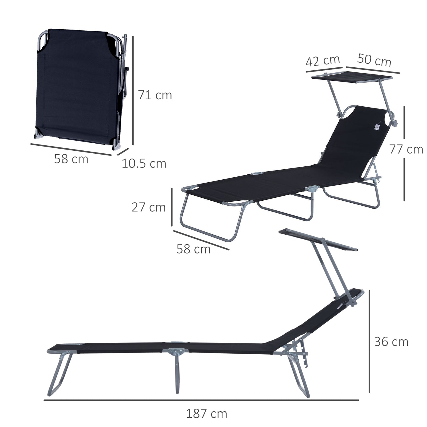 Outdoor Foldable Sun Lounger, 4 Level Adjustable Backrest Reclining Sun Lounger Chair with Angle Adjust Sun Shade Awning for