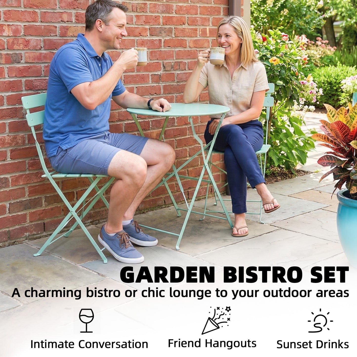 Folding Garden Bistro Set, Outdoor Round Bistro Table and Chairs Set 2 with Electrophoresis Metal Frame, Light Green