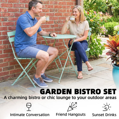 Folding Garden Bistro Set, Outdoor Round Bistro Table and Chairs Set 2 with Electrophoresis Metal Frame, Light Green