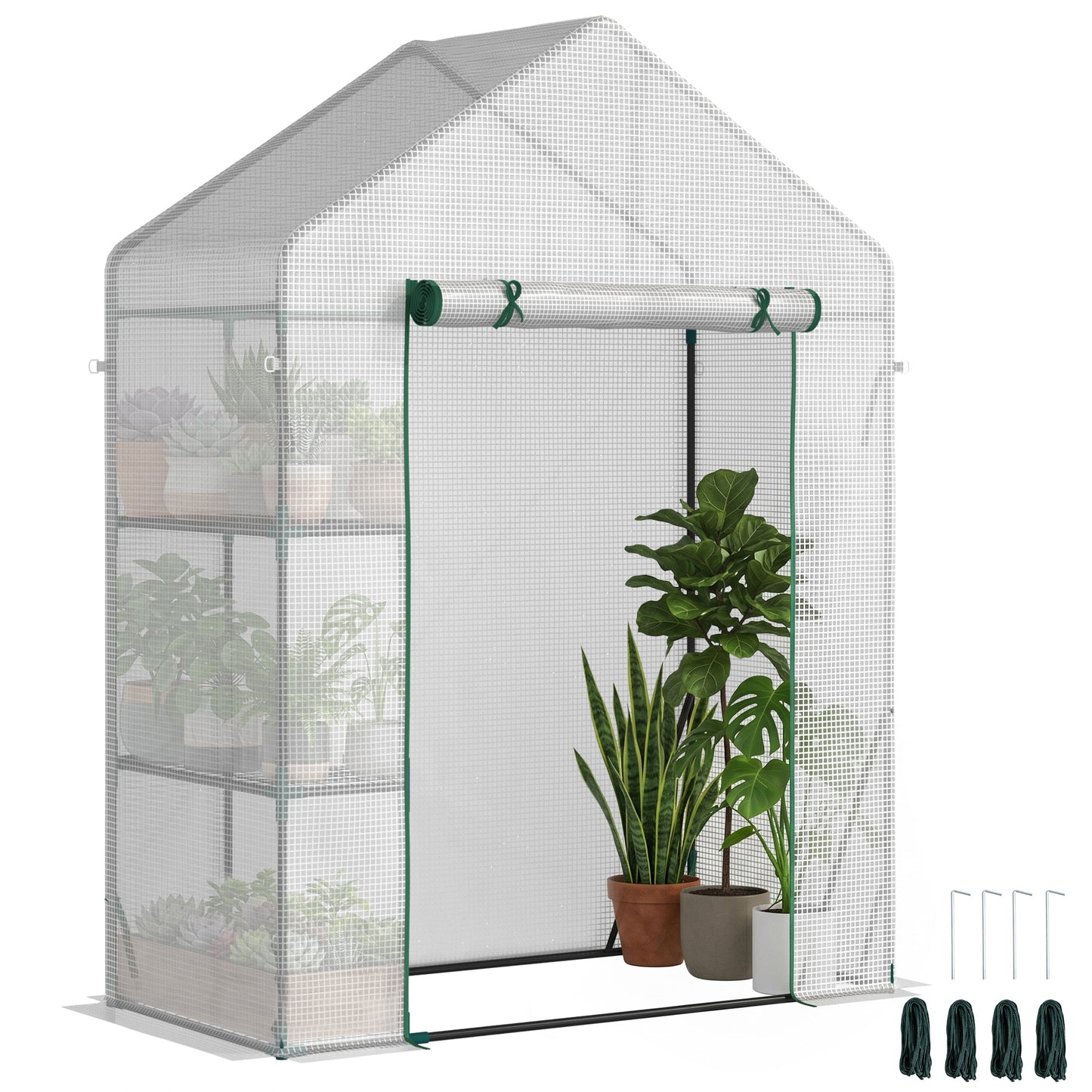 Walk In Greenhouse with 2 Tier Shelf, Portable Gardening Plant Grow House Tomato Greenhouse with Roll up Zip Panel Door