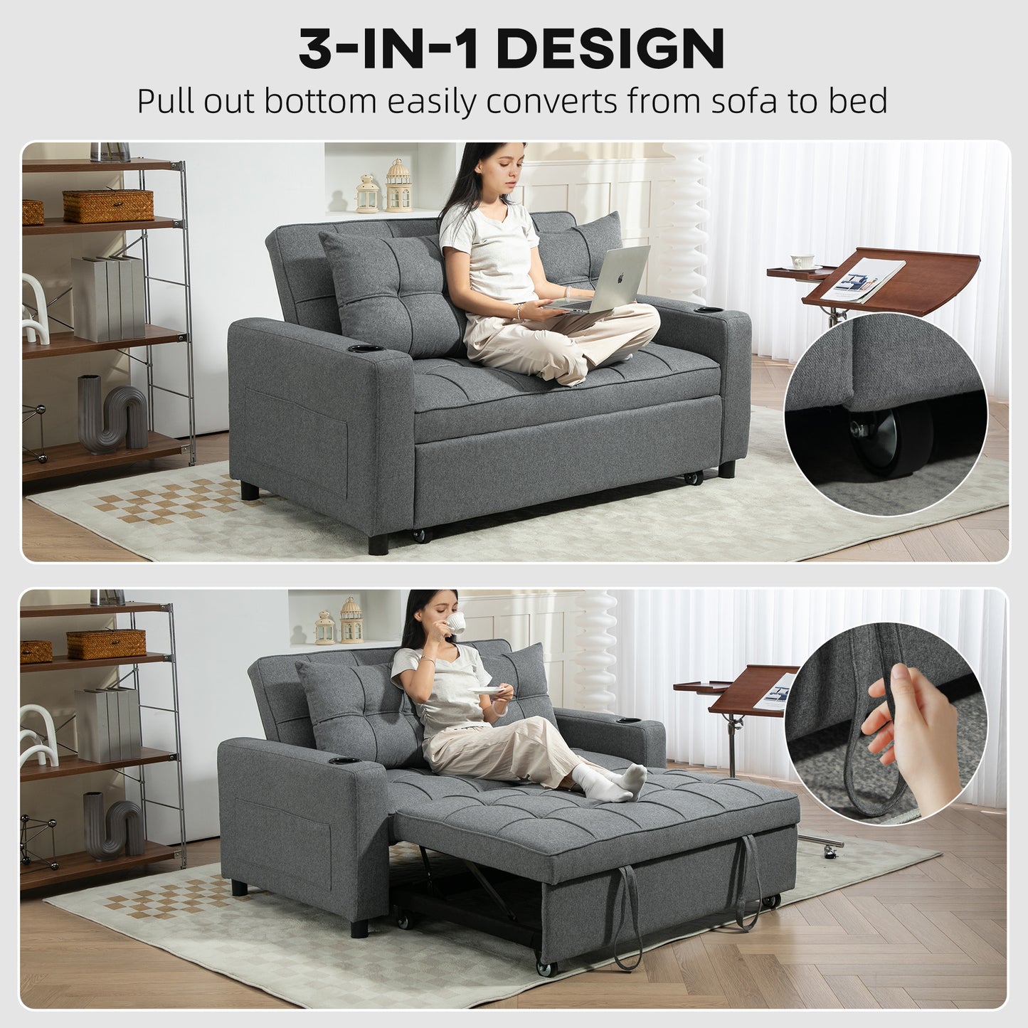 2 Seater Sofa Bed Pull-Out Sofa Bed for Small Space - Charcoal Grey