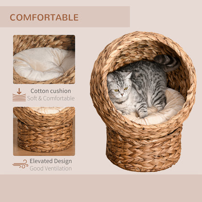 Wicker Cat Bed, Raised Rattan Cat Basket with Cylindrical Base, Soft Washable Cushion, 40 x 37 x 51 cm - Brown