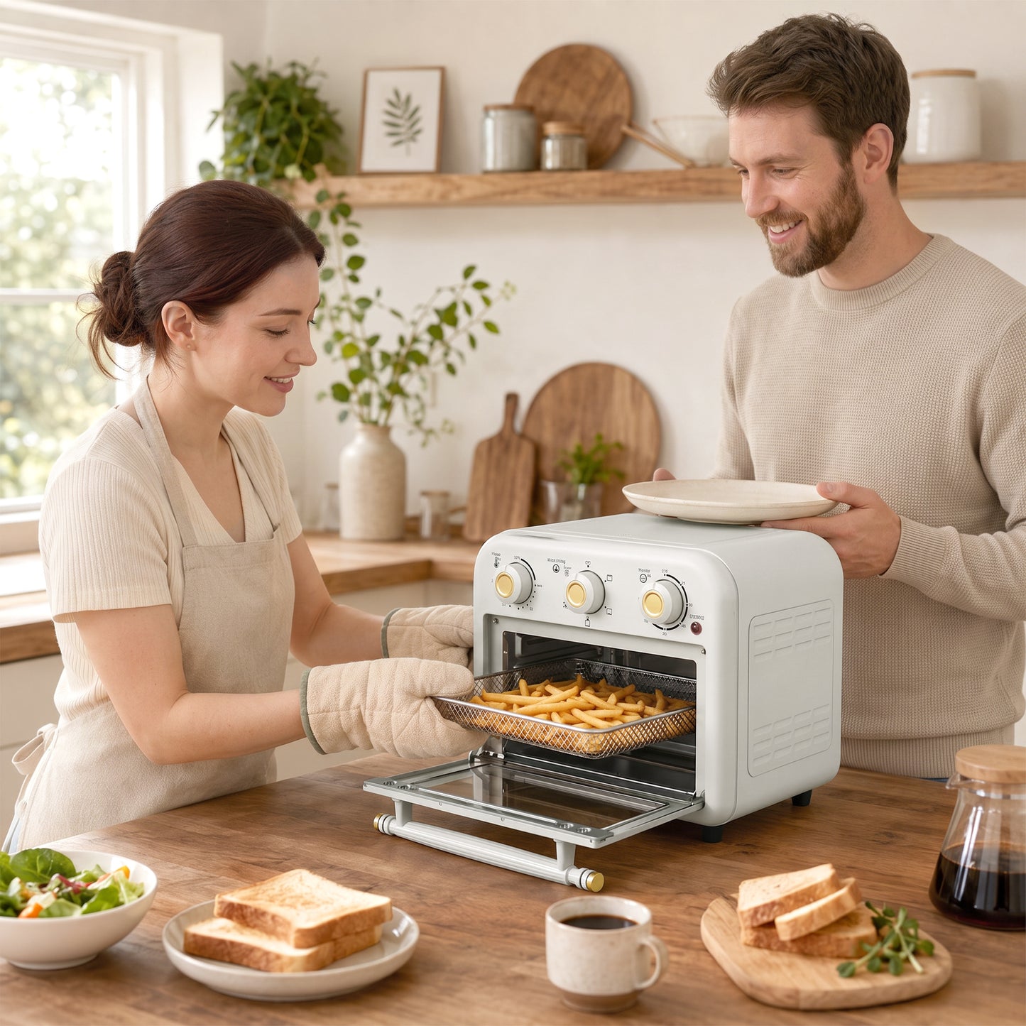 Air Fryer Toaster Oven, Convection Countertop Oven, with Adjustable Temperature and Timer, 12 L, Cream White
