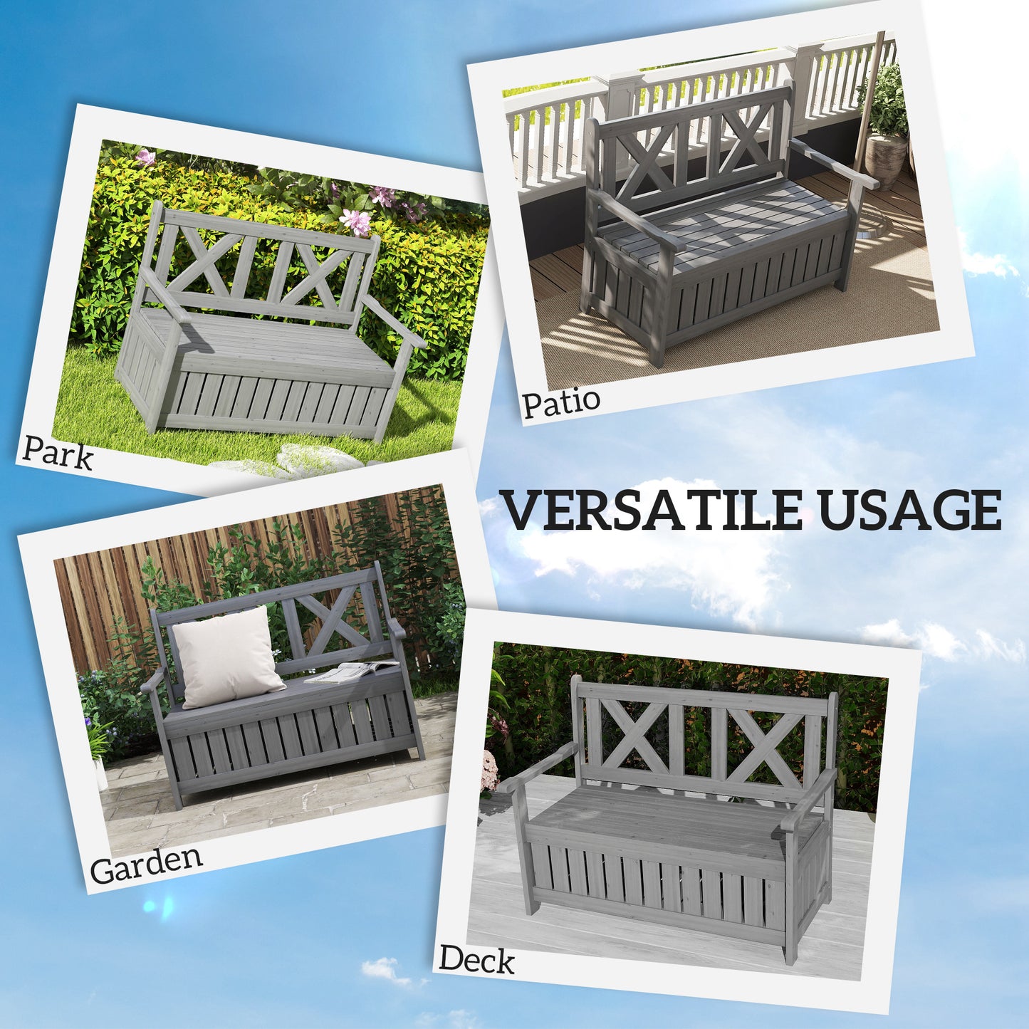 2-Seater Garden Storage Bench for Patio Wood Porch Decor Outdoor Seating, Charcoal Grey