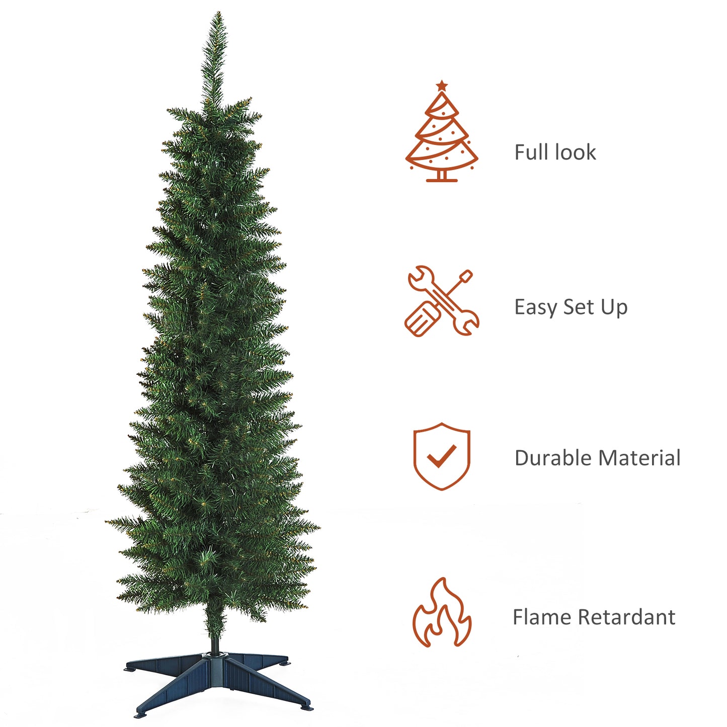5ft Unlit Artificial Christmas Tree, Pencil Slim Xmas Tree with Solid Stand and Realistic Branches, Green