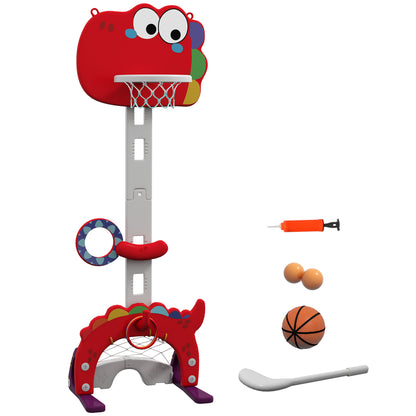 5-in-1 Dinosaur Basketball Set with Adjustable Basketball Stand and Golf Game, Indoor for Boys Girls, Red