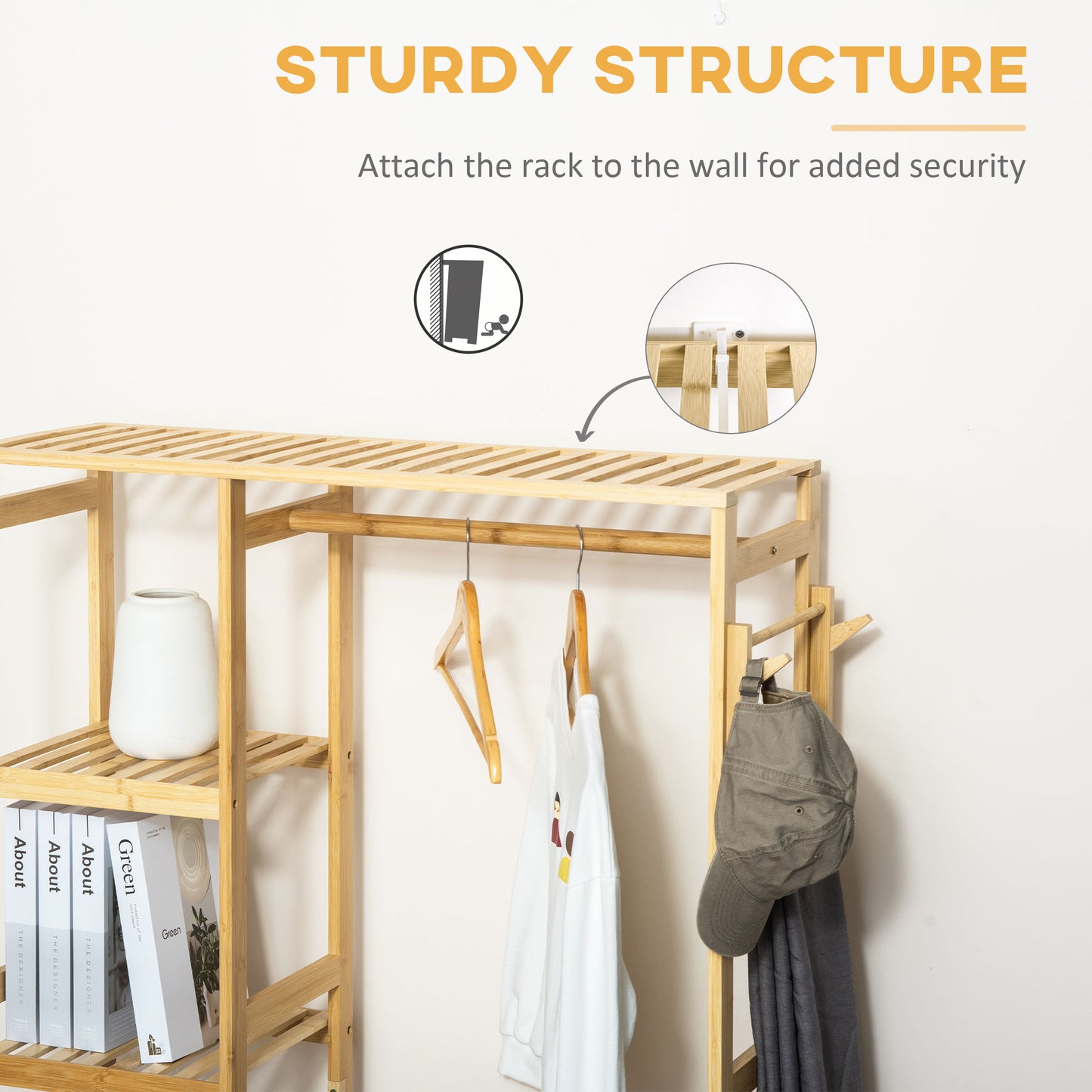 Bamboo Garment Rack, Clothes Rack with Storage Shelf, Hanging Rail and Side Hooks for Entryway, Bedroom, Bathroom and Office