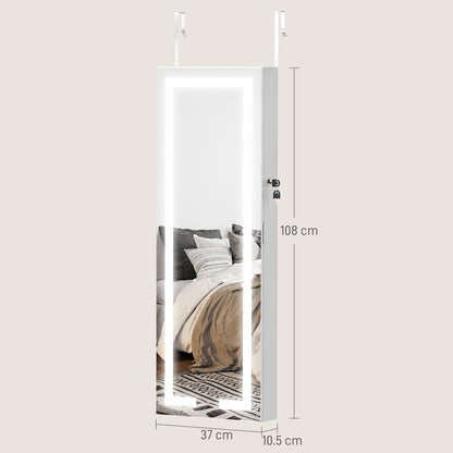 LED Mirror Jewellery Cabinet, Wall Mounted Full Length Mirror with Storage, Lockable Jewellery Organiser, White