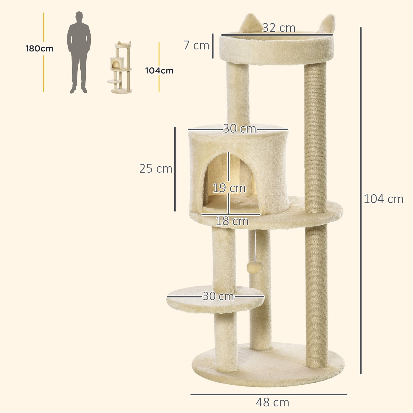 104 cm Cat Tree, Cat Condo Tree Tower, Cat Activity Centre with Scratching Posts, Plush Perches, Hanging Ball - Cream White