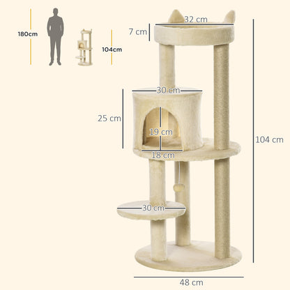 104 cm Cat Tree, Cat Condo Tree Tower, Cat Activity Centre with Scratching Posts, Plush Perches, Hanging Ball - Cream White