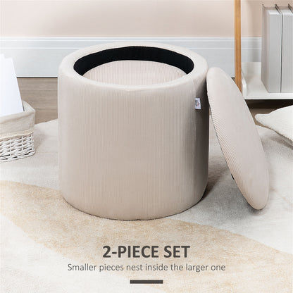 Set of 2 Round Ottoman with Storage, Fabric Vanity Stool for Makeup