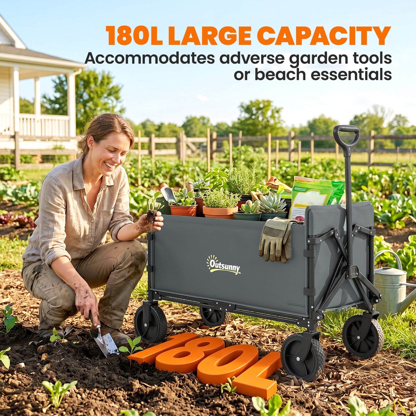 180L Festival Trolley on Wheels, Folding Compact Camping Trolley Cart with Adjustable Handle, 120 KG Capacity for Garden