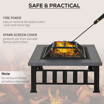 Metal Large Firepit Outdoor Square Fire Pit Brazier with Rain Cover, Lid, Log Grate, Poker for Backyard, Camping, BBQ