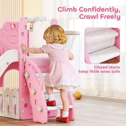 5 in 1 Kids Slide Set with Basketball Hoop, Climbing Frame, Telescope, Storage Box for Toddlers Ages 1-3, Pink