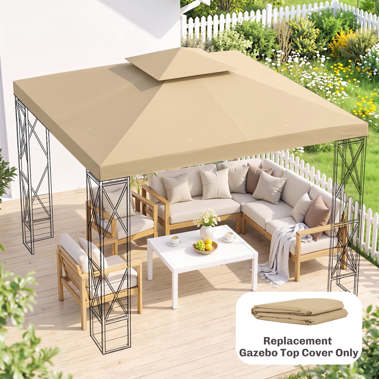 3(m) Gazebo Top Cover Double Tier Canopy Replacement Pavilion Roof Deep Beige